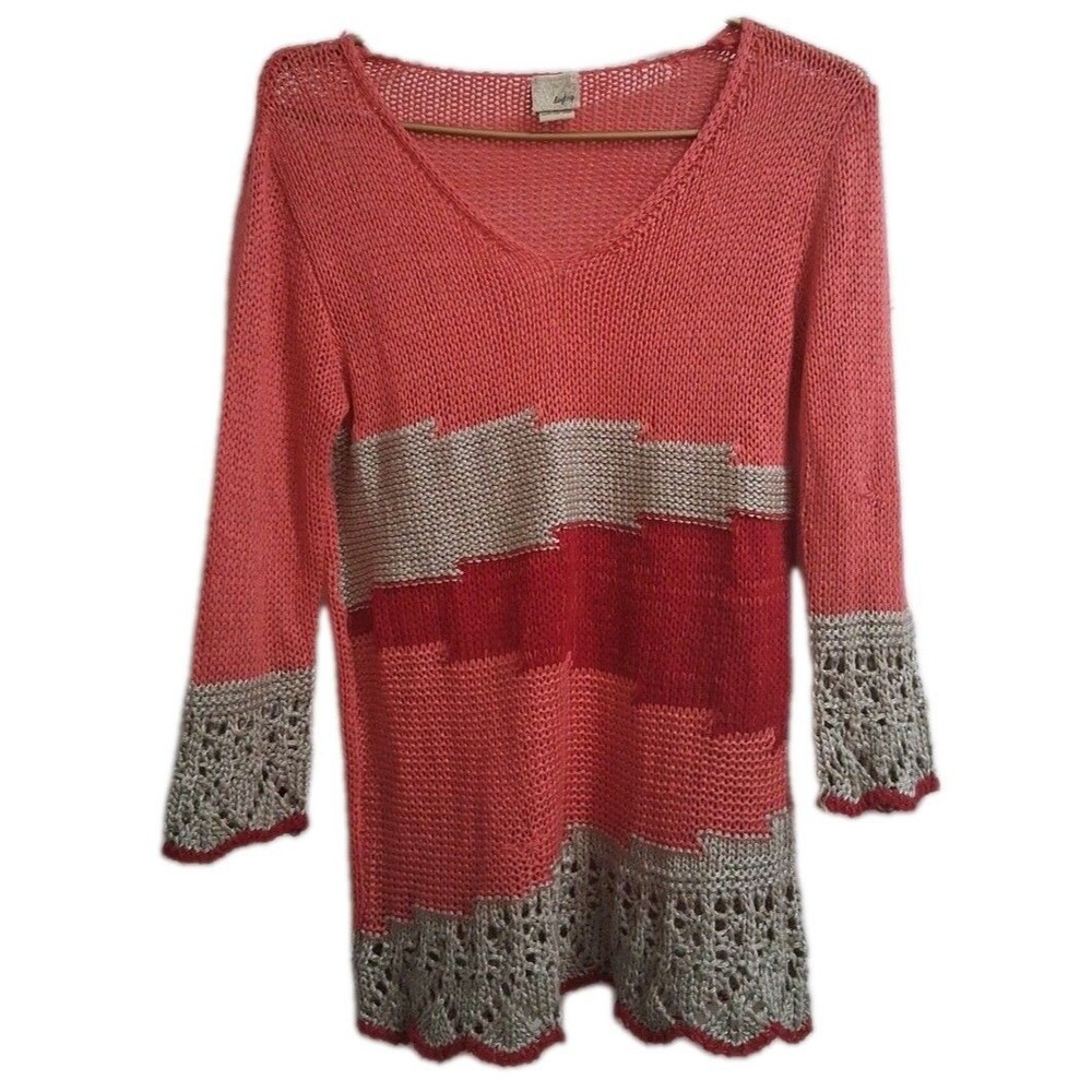 Daytrip Pullover Sweater Medium Knitted Multicolor Tribal Pink Red White Crochet